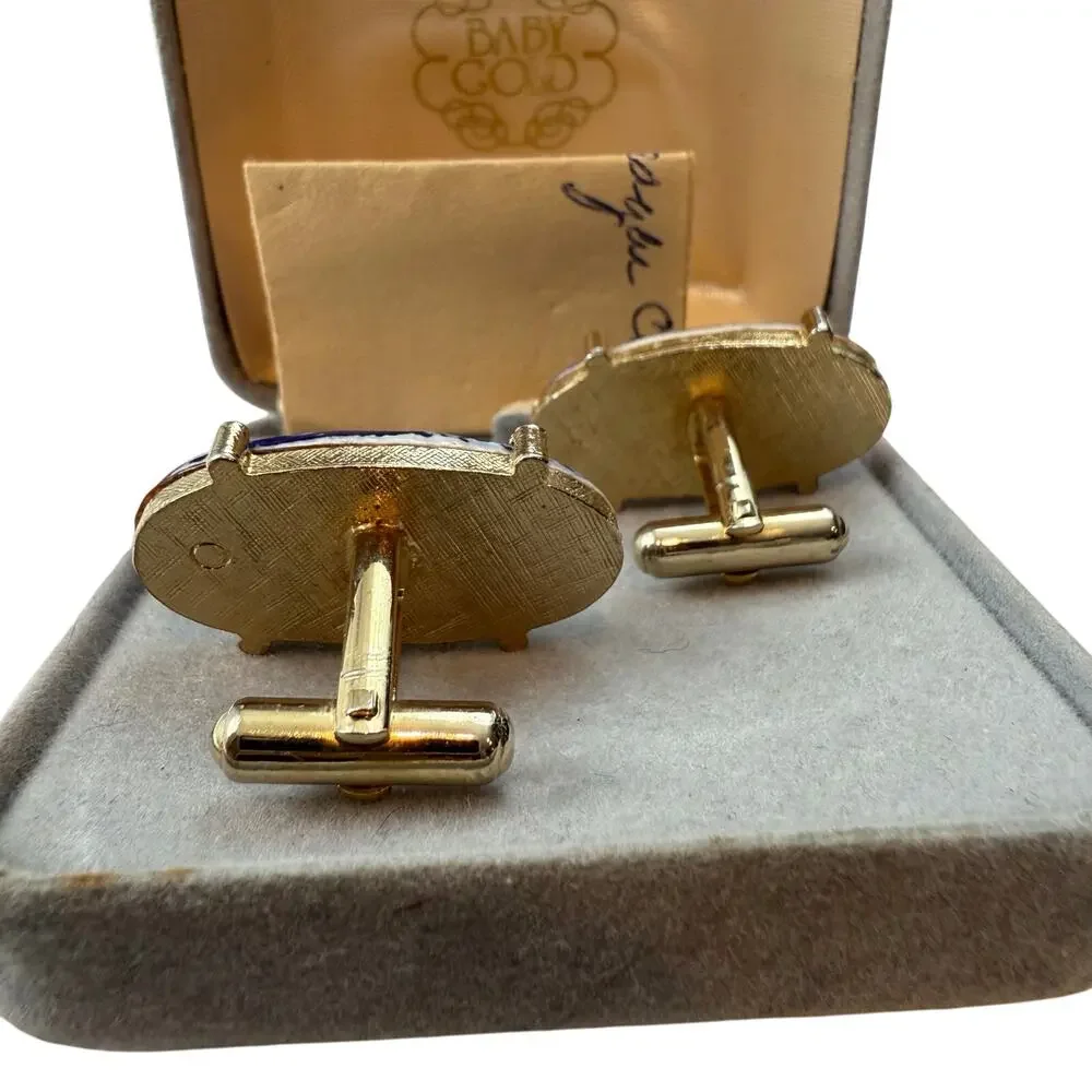 Anson Vintage Dutch Delft Blue White Windmill Cuff Links Gold Tone Back